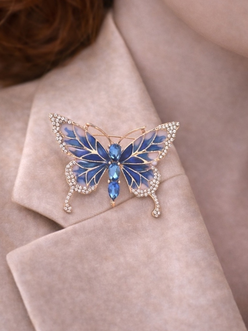 Blue Enamel & Crystal Butterfly Brooch
